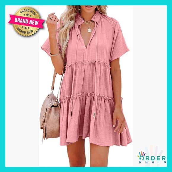 Dresses & Skirts - Cotton Babydoll Dress V-Neck Drawstring Ruffle Tiered Swing Mini Casual